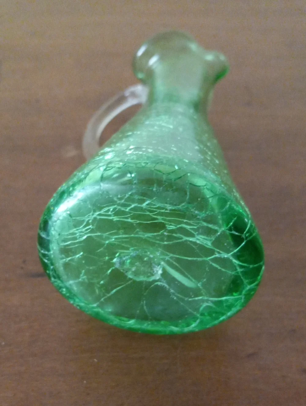 Green Crackle Art Glass Pitcher Vase with Clear Handle